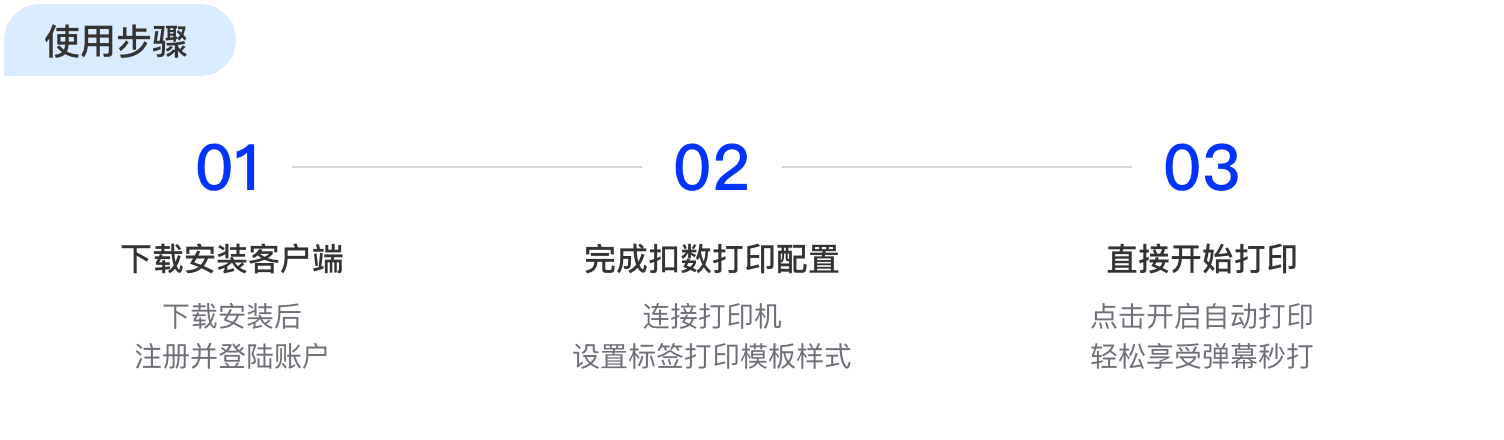 弹幕捕手使用步骤：1.下载安装客户端 2.完成扣数打印配置 3.直接开始打印